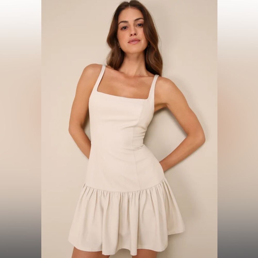 Lulus - Adorable Concept Beige Lace-Up Backless Drop Waist Mini Dress NWT